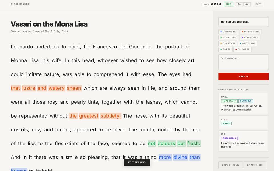 Close Reading interface
