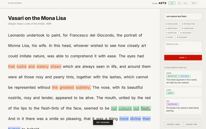 Close Reading with live class annotations
